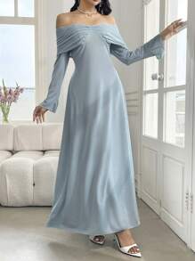 Modelyn Elegantes, schlichtes langärmliges Maxikleid mit Schulterausschnitt für Damen Einfarbig - Blau - Übersicht 5