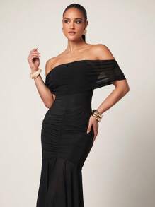 Silquee Women's Black Off Shoulder Fitted Elegant Dress, Island Dress, Flowy Hem Dress, Sexy See-Through Outfit, Summer, Women's Summer Outfit, Summer Outfit, Women's Beach Outfit, Women's Elegant Outfit, Women's Summer Dress, Graduation Outfit, Graduation Dress, Flowy Dress, Ibiza Outfit, Summer Festival Beach Resort - Black - View 7