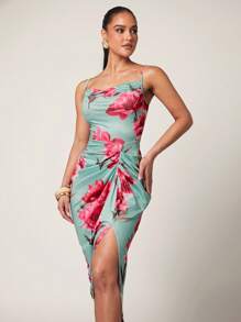 Silquee 夏季优雅女士夏装、夏季、女士夏装、优雅女士连衣裙、经典优雅连衣裙、绿色花卉印花垂坠连衣裙、女士毕业礼服、中长连衣裙