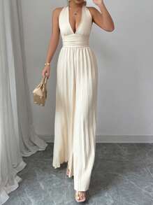 SHEIN LUNE 女士性感细肩带深V领褶皱连体裤 - 杏色 - 查看 3