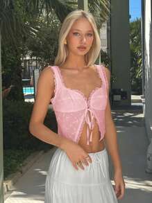 Comfortcana Pink Woven Ladies Tie Front Sweet Casual Summer Tank Top - Pink - View 3