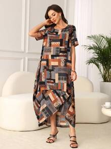 Lacomfia Vestido holgado casual de mujer con estampado de bloques de color - Multicolor - Ver 6