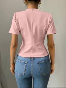 Elenzga Blusa de unicolor con cuello redondo, manga corta, ajustada y con dobladillo fruncido, elegante y versátil para usar en la oficina - Rosa - Ver 2