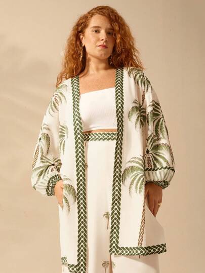 CAJUNI 加大码女式波西米亚风椰子树印花海滩度假休闲夏季热带海滩灯笼袖超长和服罩衫