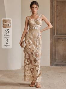 Anewsta 法式奢华花卉刺绣网眼吊带背心连衣裙，夏季，朴素，节日，派对