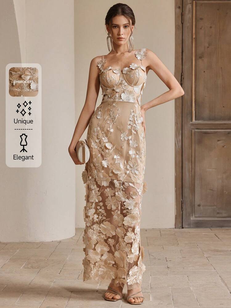 French Luxury Floral Embroidery Mesh Camisole Dress, Summer, Modest, Festival, Party