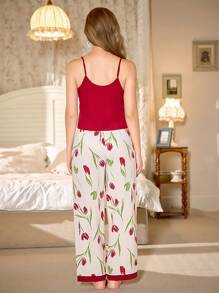 CottageSlumber Bộ đồ ngủ áo hai dây và quần dài in họa tiết hoa màu tương phản kèm quần dài cho mùa lễ hội, họa tiết hoa lộng lẫy - Nhiều màu - Xem 2