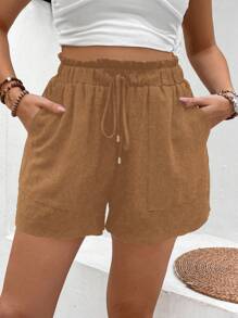SHEIN LUNE Plus Size Solid Color Fashion Shorts, Suitable For Summer - Brown - View 1