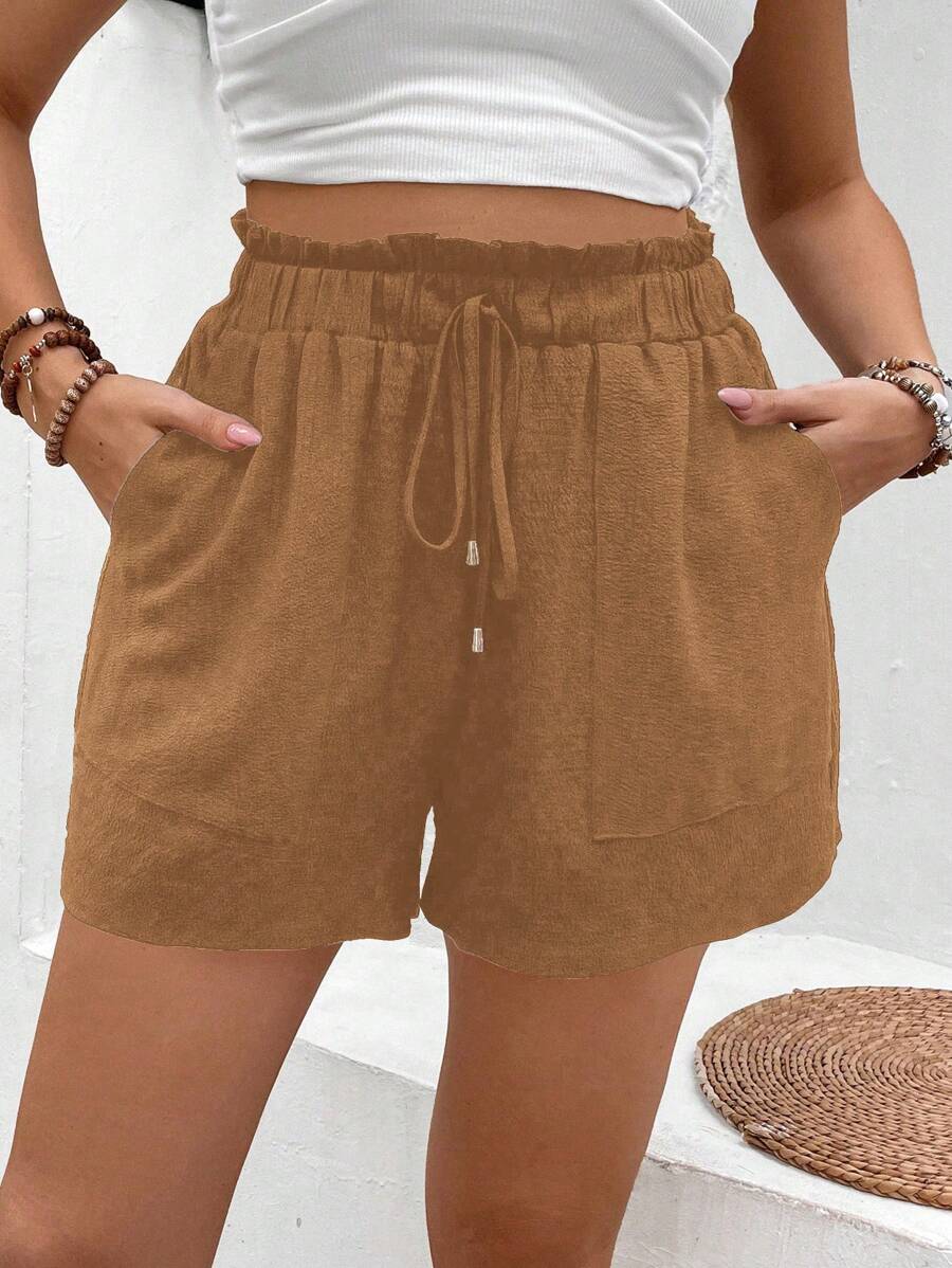 SHEIN LUNE Plus Size Solid Color Fashion Shorts, Suitable For Summer - Brown - View 1
