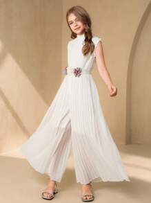SHEIN Tween Girl Elegant Lace Leaf Pattern Stand Collar Pleated Jumpsuit, Suitable For Wedding Season & Party - White - View 3