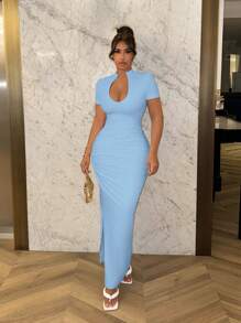 SHEIN SXY Women Deep V-Neck Ruched Short Sleeve Bodycon Mini Dress