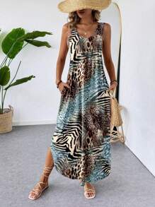 SHEIN LUNE Váy họa tiết da báo cỡ lớn thường ngày có dây đeo rộng và viền cong, phù hợp cho mùa xuân/hè, trang phục nghỉ dưỡng - Nhiều màu - Xem 1