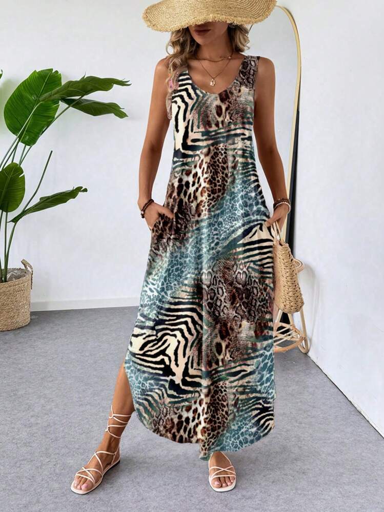 SHEIN LUNE Vestido informal de talla grande con estampado de leopardo, con tirantes anchos y dobladillo curvo, adecuado para primavera/verano, ropa de resort - Multicolor - Añade 1