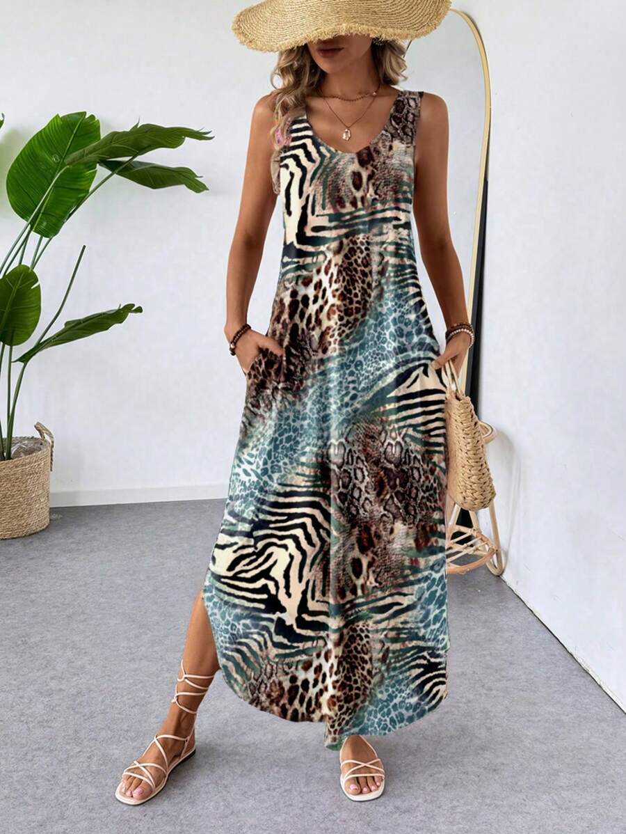 SHEIN LUNE Váy họa tiết da báo cỡ lớn thường ngày có dây đeo rộng và viền cong, phù hợp cho mùa xuân/hè, trang phục nghỉ dưỡng - Nhiều màu - Xem 1