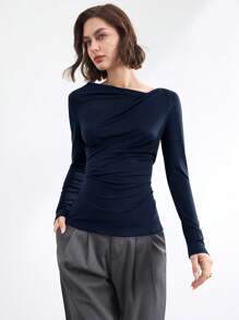 BizChic 2025 夏季新款不对称剪裁肩带长袖女式 T 恤，休闲商务通勤优雅海滩度假适合婚礼宾客、乡村音乐节、早餐、机场、90 年代复古斯德哥尔摩、7 月 4 日 - 藏蓝色 - 查看 4