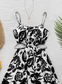 Soleia Women's Vacation Black Floral Print Hollow Out Waist Sleeveless Long A-Line Dress, Suitable For Christmas, Party, Valentine's Day, Date, Afternoon Tea - Black and White - View 4