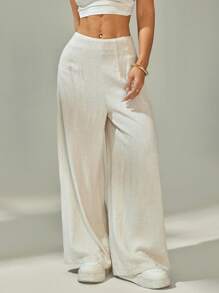 SHEIN PETITE Quần ống rộng vải lanh cạp cao thoải mái cho nữ, thích hợp mặc đi làm, đi làm, đi chơi, đi nghỉ, màu mơ - Màu be - Xem 4