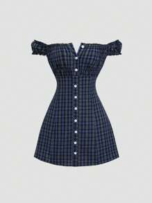 Sweetra Sweet & Spicy Plaid Off-Shoulder Button Up Waist Cinched Waist Dress - Blue - View 1