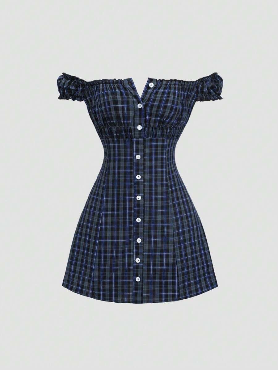 Sweetra Sweet & Spicy Plaid Off-Shoulder Button Up Waist Cinched Waist Dress - Blue - View 1