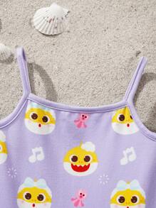 BABY SHARK X SHEIN Baby Girl Cute Shark Print Cami Bodysuit - Purple - View 8