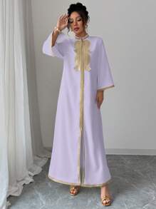 Elenzga 女士优雅V领刺绣蕾丝拼布开衩下摆长款连衣裙