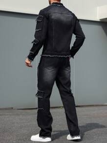 Manfinity LEGND Men's Casual Everyday Distressed Denim Jacket And Black Jeans Set - Black - View 2