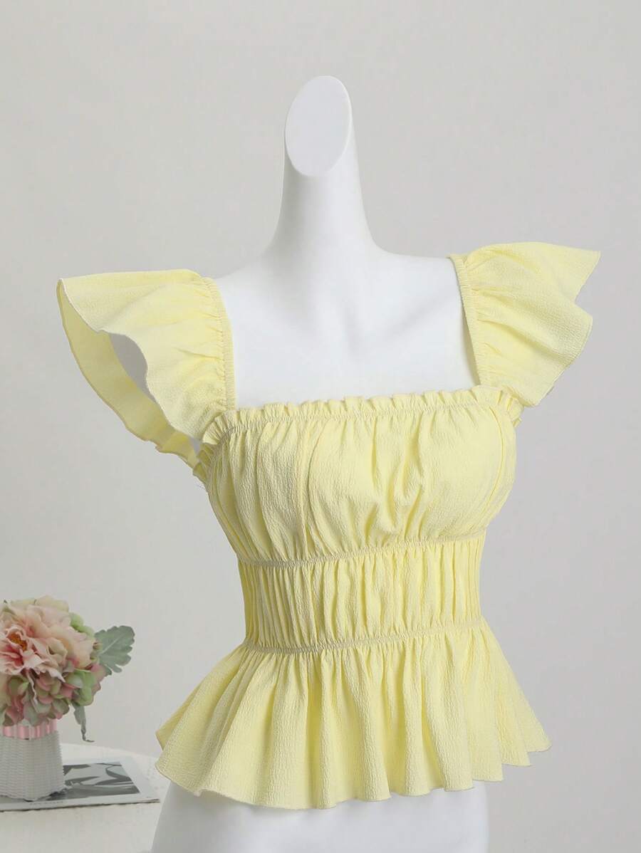 Sweetra Women's Yellow Cap Sleeve Pleated Shirt, Summer