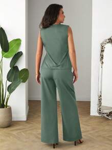 SHEIN Cottnline Women Plus Two Pieces Outfit With Vest And Pant - Mint Green - View 2