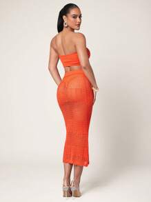 Silquee 女士纯色镂空扭纹前短款性感针织吊带背心 - 亮橙色 - 查看 7