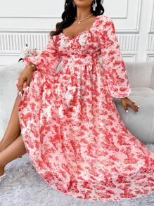 SHEIN Clasi Damen Kleid in Große Größen mit kleinem Blumenmuster, romantischer französischer Landhausstil mit Volants am Kragen, Langarm, taillierter Schnitt, lange Bauernkleid-Silhouette - Rot - Übersicht 1