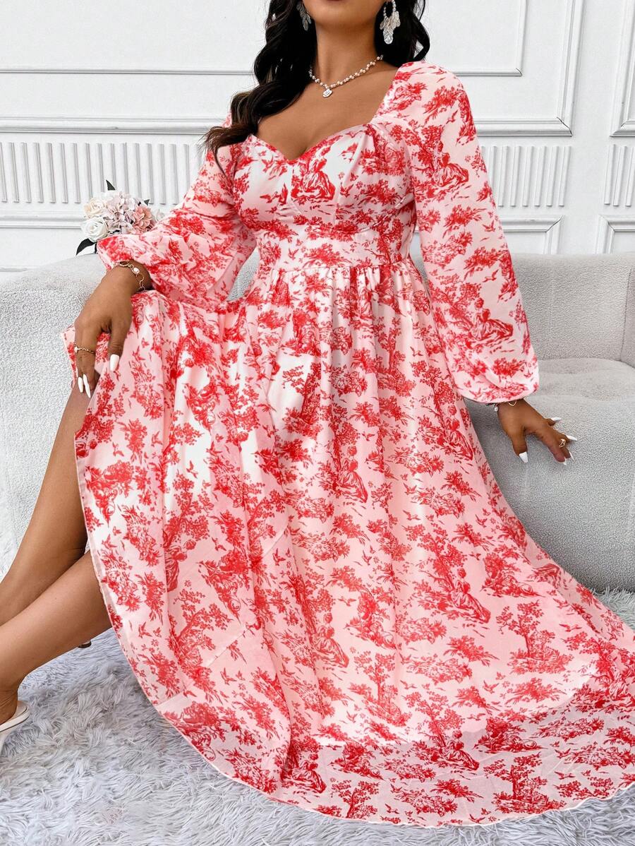 SHEIN Clasi Damen Kleid in Große Größen mit kleinem Blumenmuster, romantischer französischer Landhausstil mit Volants am Kragen, Langarm, taillierter Schnitt, lange Bauernkleid-Silhouette - Rot - Übersicht 1