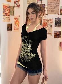 SHEIN EZwear Summer Graphic Tees Western Wear Women Black And Yellow Splicing - Black - View 4