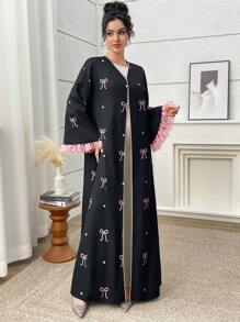 Yasmyna 女士蝴蝶印花喇叭袖阿拉伯长袍开衫，端庄长袍 - 黑色 - 查看 4