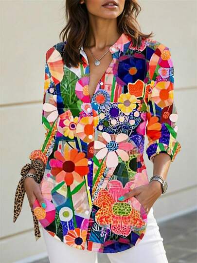 EMERY ROSE Chemise femme imprimée florale minimaliste et décontractée, convenant pour l'été