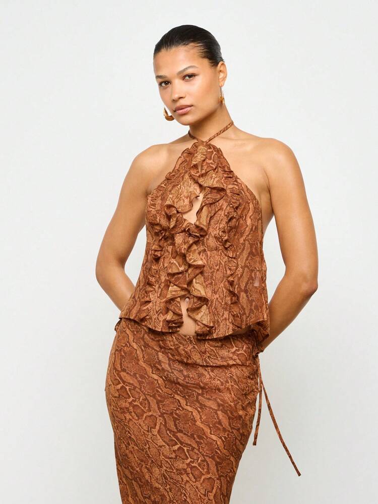 Halter Neck Sheer Snake Print Ruffle Top