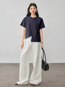 Dazy-Less Áo thun nữ công sở mùa hè, kiểu dáng thường ngày, thắt nút bất đối xứng, tay ngắn, thích hợp cho giáo viên. - Màu xanh hải quân - Xem 2