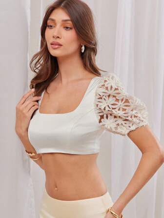 L'Amorae Women's Elegant Sexy 3D Floral Patchwork Backless Super Short Blouse, Summer