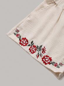 Sweetra 女士度假风格刺绣花卉腰带休闲短裤 - 杏色 - 查看 4