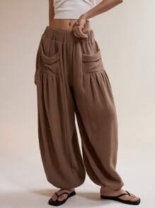 Easelle 2025年新款夏季女装波西米亚风度假风棕色梭织女式宽松双口袋阔腿裤 - 棕色 - 查看 8