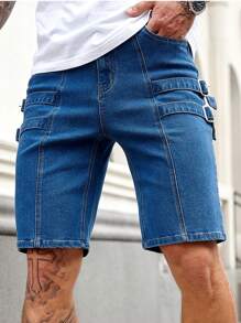 Manfinity Homme 男式深蓝色水洗牛仔弹力紧身街头风格短裤 - 深色水洗藍 - 查看 1