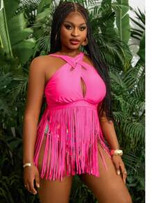 Slaydiva Sexy Halter Fringe Plus Size Bikini Crop Top For Summer Beach Vacation - Hot Pink - View 4