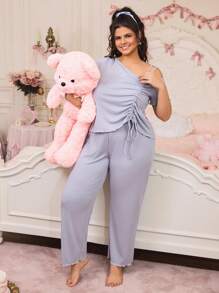 SHEIN Plus Size Solid Color Fashionable Pajamas Set, Suitable For Summer - Baby Blue - View 6