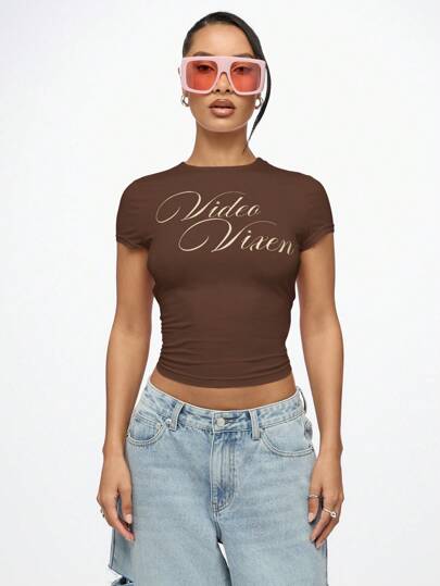 SUMWON WOMEN Video Vixen Y2K Aesthetic Baby Tee Crop Top Form Fitting Short Sleeve Graphic Text Print Retro Style Street Style Festival Summer Spring