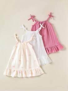 SHEIN 3pcs/Set Girls Summer Dresses, Bow Strap Solid & Striped Casual Dress Outfits, Suitable For Daily Wear, Girls-Exclusive Dresses - Multicolor - View 2