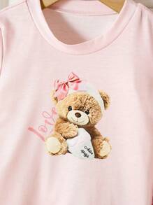 SHEIN Playful Pals 2 件套女婴幼儿休闲可爱熊图案短袖 T 恤和裤子套装，春夏 0-3 岁 - 粉色 - 查看 7