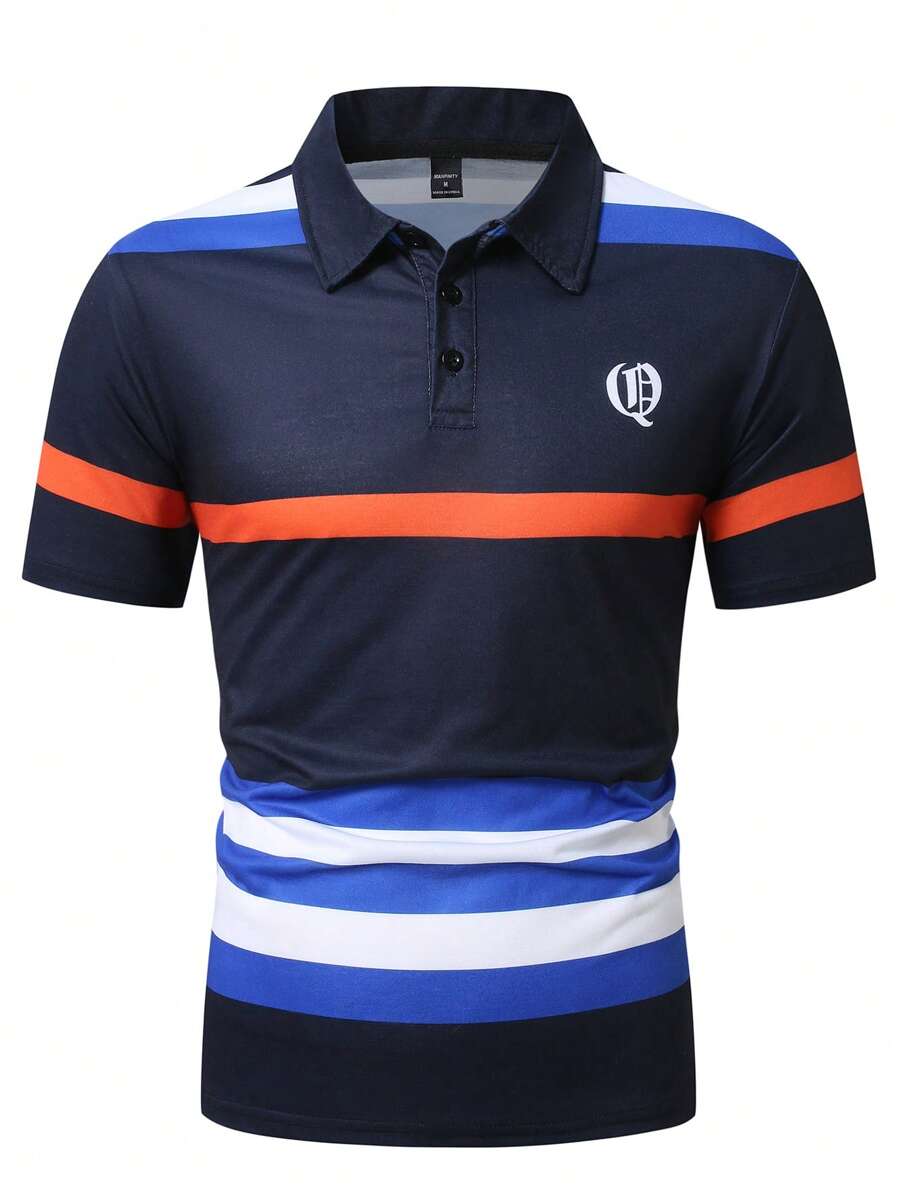 Manfinity Homme Men's Mature Streetwear Digital Print Striped Polo Shirt, Short Sleeve - Multicolor - View 1