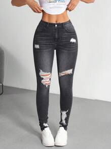 SHEIN Tall Women's Distressed Ripped Denim Jeans, Fashionable For Summer - Black - View 5