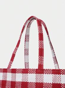 SHECARRY Vacation Casual Colorblock Plaid Large Capacity Tote Bag - Red - View 3