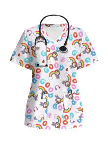 PopScrub Rainbow & Girl Pattern Short Sleeve V-Neck Casual Scrub Top, Nursing Scrub Uniform - Multicolor - View 1