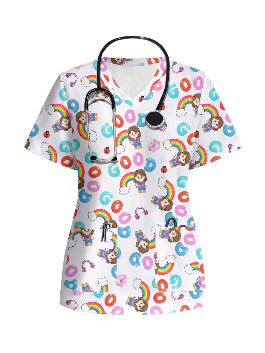 PopScrub Rainbow & Girl Pattern Short Sleeve V-Neck Casual Scrub Top, Nursing Scrub Uniform - Multicolor - View 1
